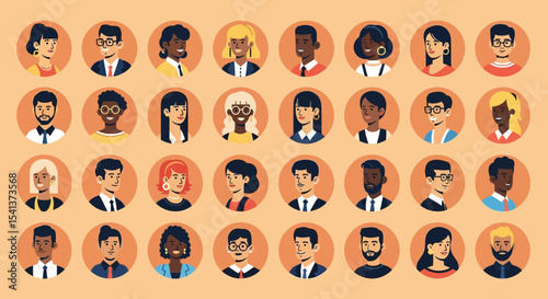 Diverse Business People Portraits in Circular Frames on a Light Orange Background