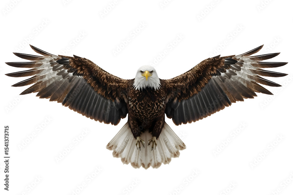 Fototapeta premium Bald eagle in flight, wings outstretched against black background