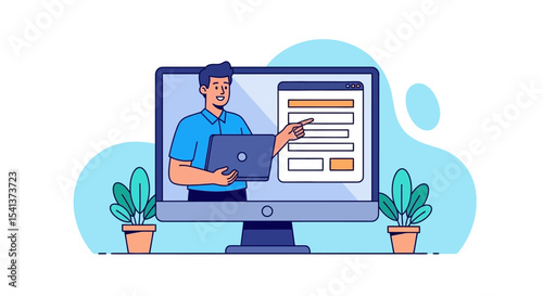 Smiling Man on Computer Screen Presenting Online Form, Laptop in Hand, Guiding with Finger