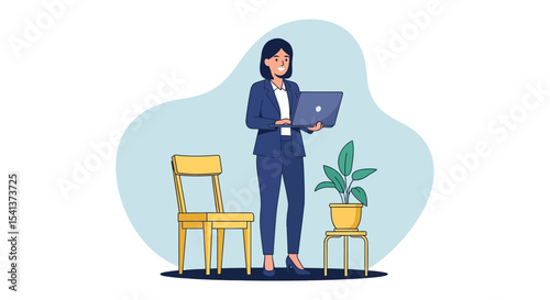 Smiling Businesswoman in Blue Suit Using Laptop, Standing Near Yellow Chair and Potted Plant