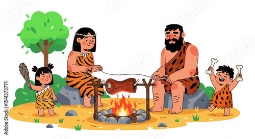 Stone Age Family Cooking Meat over Campfire:  Cartoon Illustration of a prehistoric family preparing a roasted meat on a spit over an open fire, wearing animal