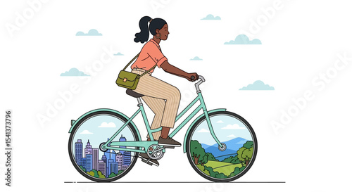 Woman Cycling Bicycle with City and Nature Wheel Illustrations