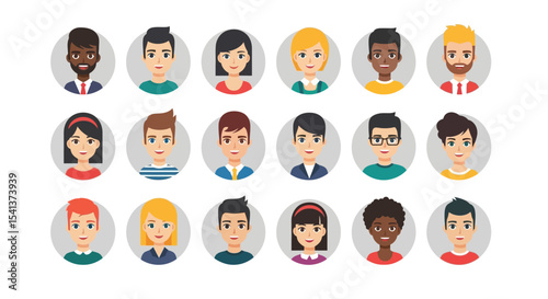 Collection of diverse cartoon avatars in various outfits and hairstyles.