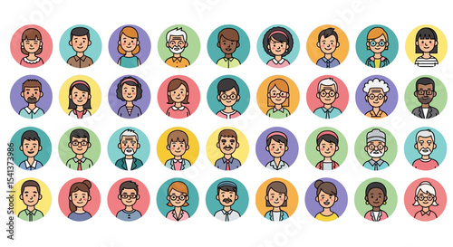 Collection of Diverse Cartoon Avatar Icons: 30 Colorful Illustrated Headshots