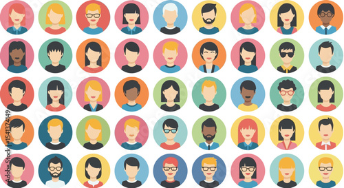Collection of Diverse Flat-Style Avatar Icons:  Smiling, Serious, and Stylish Male and Female Characters