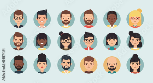Collection of Diverse Flat-Style Cartoon Avatar Icons: Smiling Men and Women with Varied Hairstyles, Skin Tones, and Attire