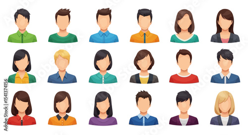 Collection of Eighteen Faceless Cartoon Profile Pictures: Diverse Hairstyles and Attire