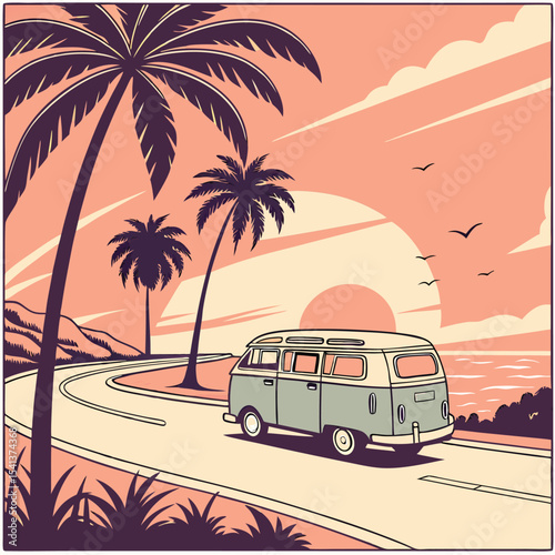 Retro vintage car parked on a sunny beach with ocean view and palm trees at sunset vector illustration