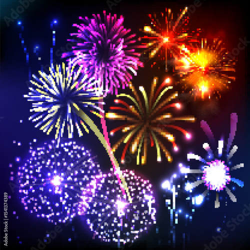 Bright, fun fireworks light up the night sky in a festive celebration