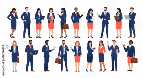 Diverse Business Professionals in Formal Attire, Posing in Various Positions