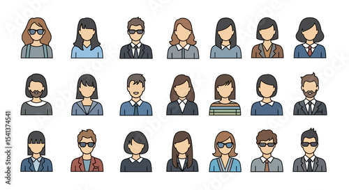 Collection of Twenty-Four Diverse Line Art Avatar Icons:  Faceless Business Professionals with Varying Hairstyles and Attire
