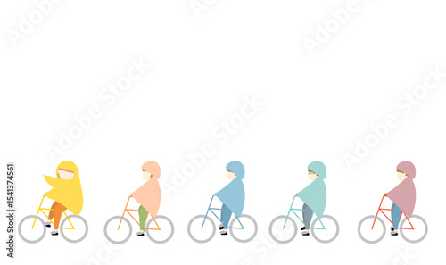 レインコートを着てサイクリングする男女