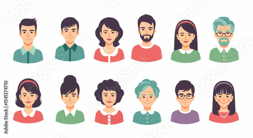 Diverse Cartoon People Avatars: Men, Women, Young, Old, with Various Hairstyles and Outfits
