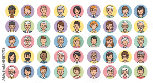 Diverse Cartoon Portraits in Colorful Circular Frames, Smiling Faces.