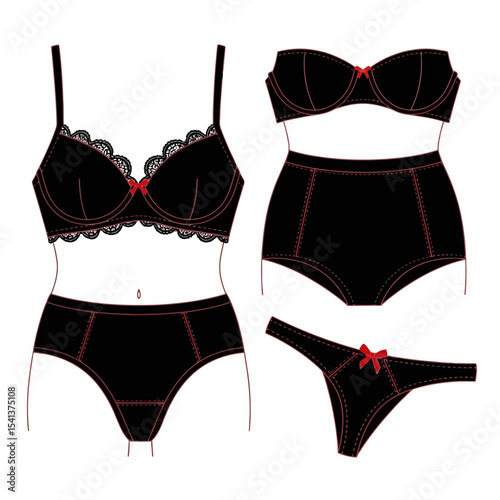Three black lingerie sets with red bows and trim details isolated on a white background design layout