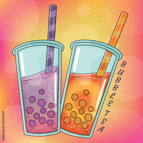 Bubble Tea Illustration with Straw and Tapioca Pearls.Vector image of a drink. Glass with a drink and a straw. Two glasses. Tea with balls