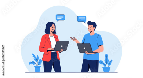 Two People Discussing with Laptops and Speech Bubbles, Flat Vector Illustration