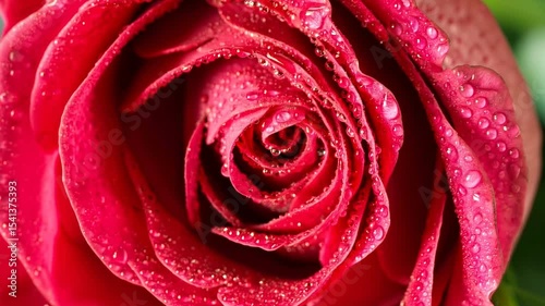  A solitary red rose unfolds, its velvety petals adorned with water droplets that sparkle like tiny diamonds against. Closeup single red rose with drops of dew.