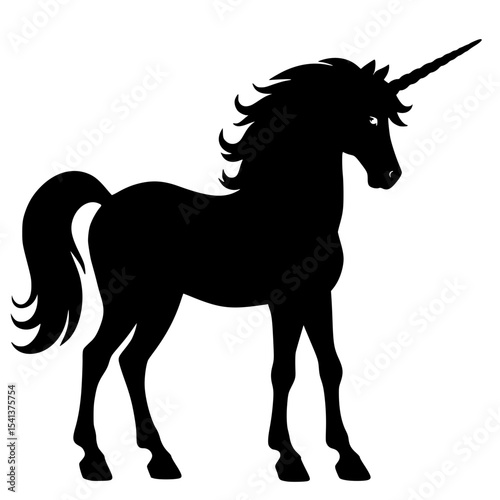 Black silhouette of a unicorn standing with flowing mane  