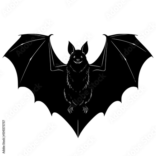 Black bat illustration with outstretched wings on a transparent background  