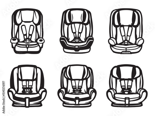 set of 6 psc different type of Child car seat clear vision simple dark black line art on white (1).eps