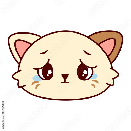 A cute cartoon cat face with big eyes and a sad expression. The cat has a cream-colored fur with brown patches on its ears.