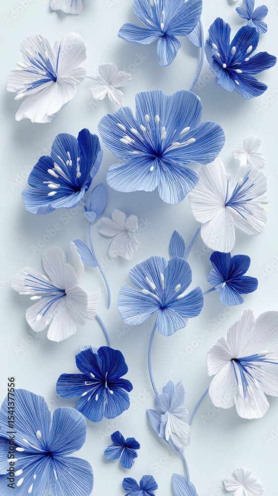Obraz premium Blue & White Flowers on Light Background: 3D Rendering & Flat Lay Photography