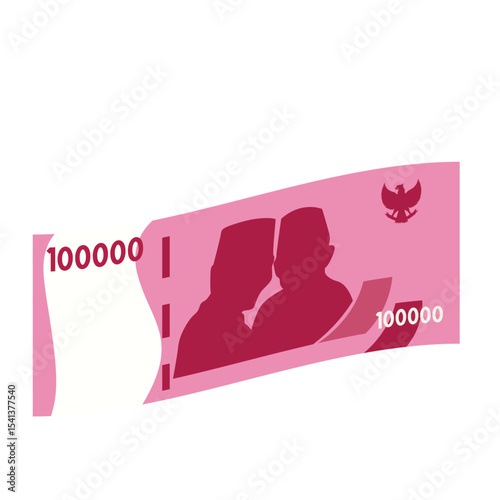 Flat illustration of a 100000 rupiah Indonesian banknote featuring two portraits and the national emblem. Simple, modern design, ideal for financial or economic topics.
