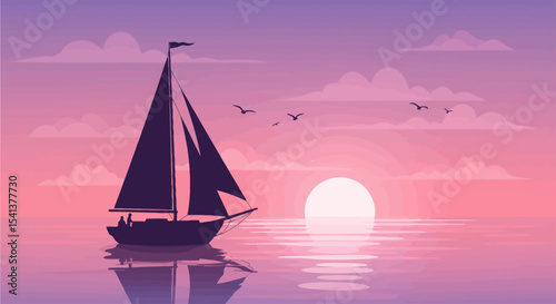 Silhouette of a sailboat at sunset on a calm sea, with soft pastel colors.