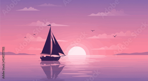 Silhouetted sailboat at sunset on a calm sea, soft pastel colors.