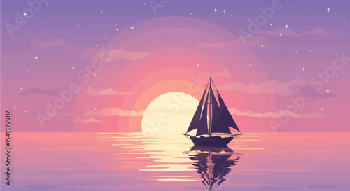 Serene sailboat glides across calm ocean waters at sunset, under a pastel sky dotted with stars.