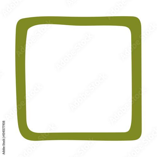 A single hand-drawn square frame with rounded wavy edges. Bold olive green decorative border in minimalist doodle style. Great for scrapbooking, invitations, cards, posters, photo albums, and crafts.