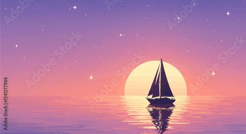 Serene sailboat glides across calm waters under a large, radiant moon and starlit twilight sky.