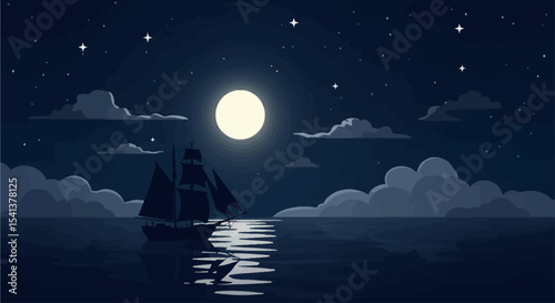 A sailing ship navigates the ocean under a bright full moon and starry night.