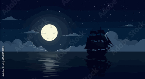 A lone sailing ship navigates a tranquil, moonlit sea under a starry night sky