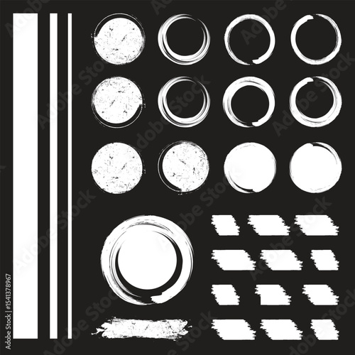 set of black round banners - brush painted circle on transparent background