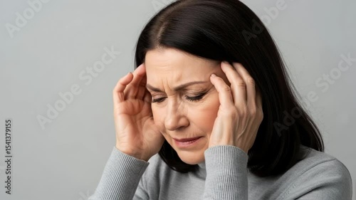 Senior woman with gray hair is gently pressing her temples, showing signs of emotional distress and sadness, against a calming neutral backdrop. reflecting mental health challenges