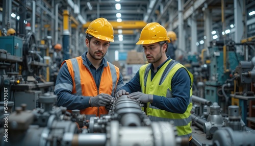 Two pro engineers in safety helmets and vests checking machinery in industrial manufacturing factory. Men at work in metal workshop at production line. Technician, worker, plant, 32k Resolution
