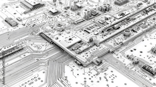 An ultra-realistic 4K technical sketch of a circuit board viewed from above, drawn with drafting pencil precision. Generative AI