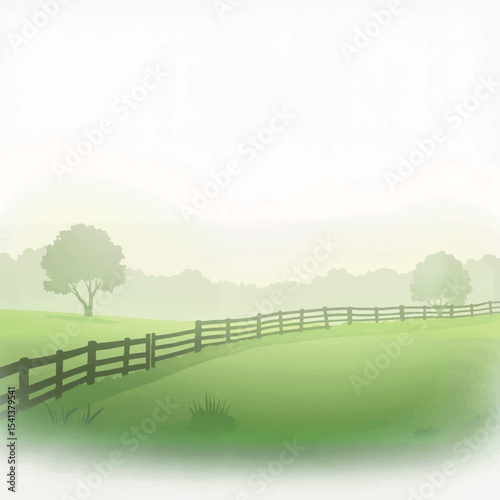 Soft fog over green pasture with fence, serene landscape