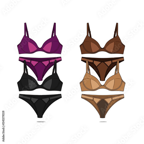 Illustration of two sets of lingerie with bras and panties in different color schemes on white