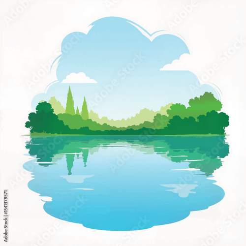 Serene still pond reflecting sky and greenery, tranquil nature concept