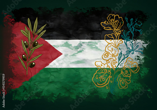 Palestinian flag with olive branch and floral design