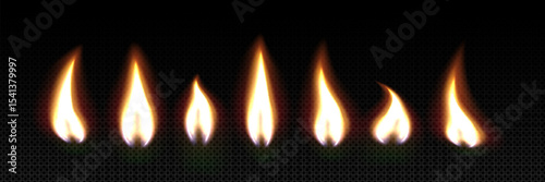 Realistic 3d birthday candle flames collection on dark background - glowing fire elements with warm light effects in different shapes and movements for party decorations, cake designs or celebration.