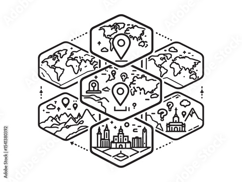 set of 6 psc different type of Map clear vision simple dark black line art on white (2).eps