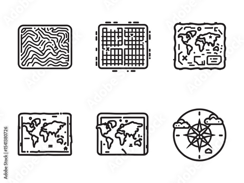 set of 6 psc different type of Map clear vision simple dark black line art on white (1).eps