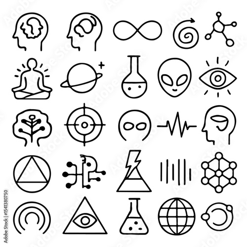 This collection of black vector science icons is a set of symbols and illustrations for chemistry and space design