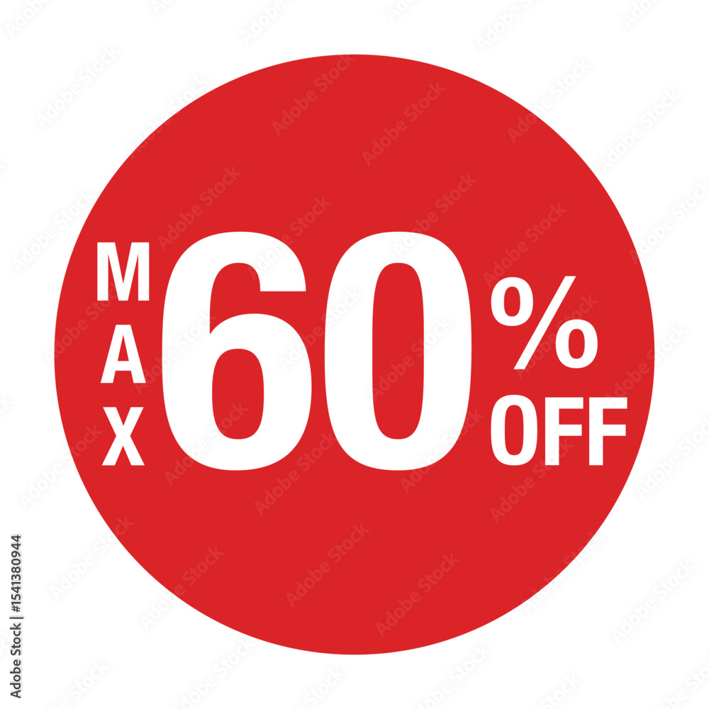 ”MAX60%OFF ”の文字入り 円形のベクターイラスト 赤色 白文字 背景透過
”MAX60%OFF ”の文字入り 円形のベクターイラスト 赤色 白文字 背景透過