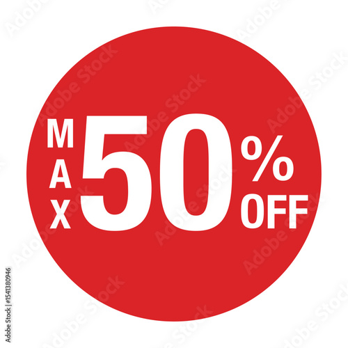 ”MAX50％OFF ”の文字入り　円形のベクターイラスト　赤色　白文字　背景透過
