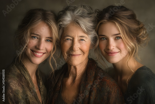 Intimate portrait of multigenerational women with warm smiles on neutral backdrop symbolizing family lineage and generational wisdom for wellness and lifestyle branding